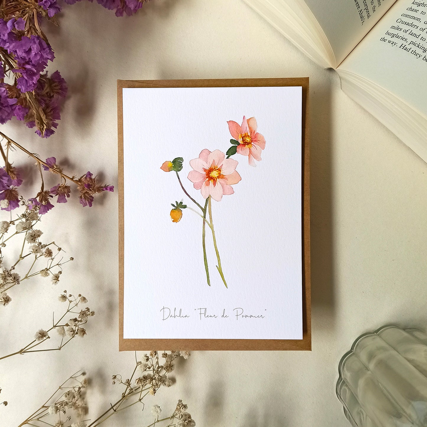 Carte postale représentant une fleur peinte à l'aquarelle - photo vue de face