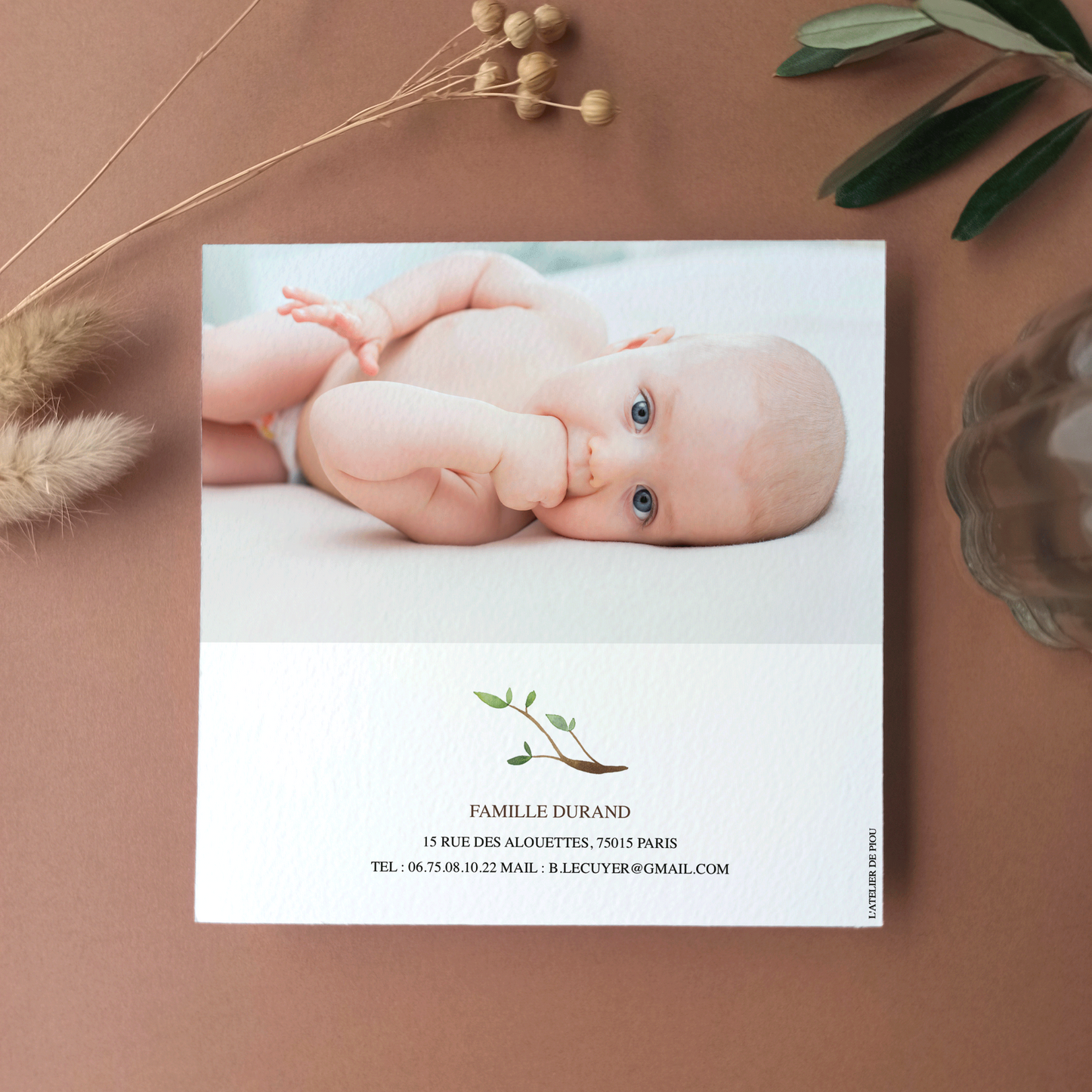 faire part de naissance peint à l'aquarelle verso