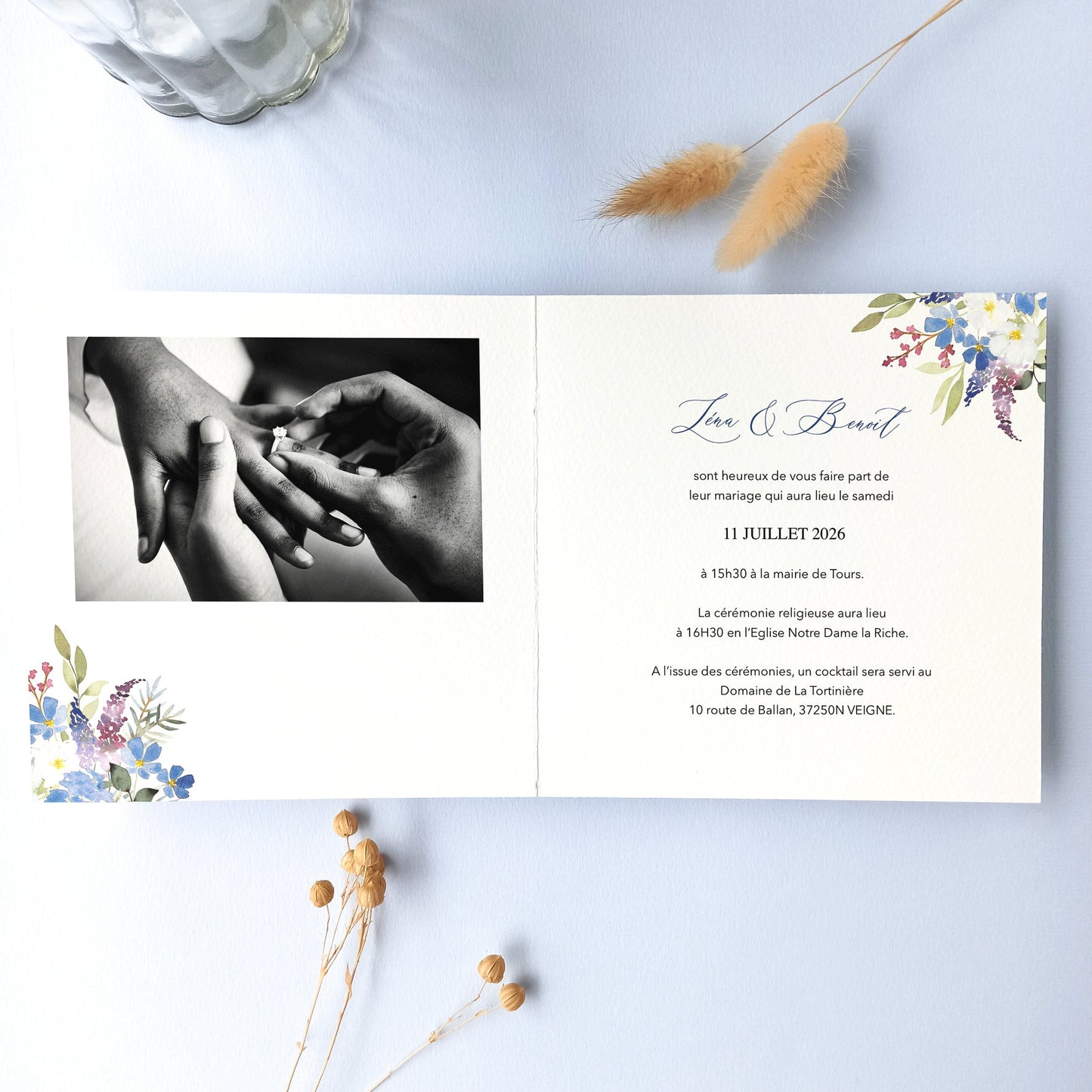 faire part mariage bouquet champêtre aquarelle ouvert