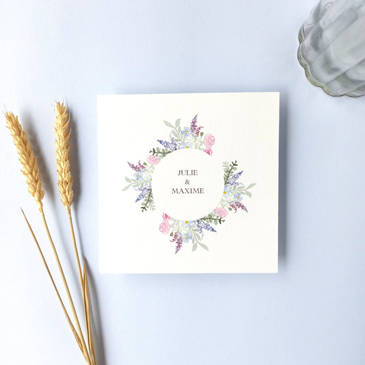 faire part de mariage peint à l'aquarelle représentant des fleurs